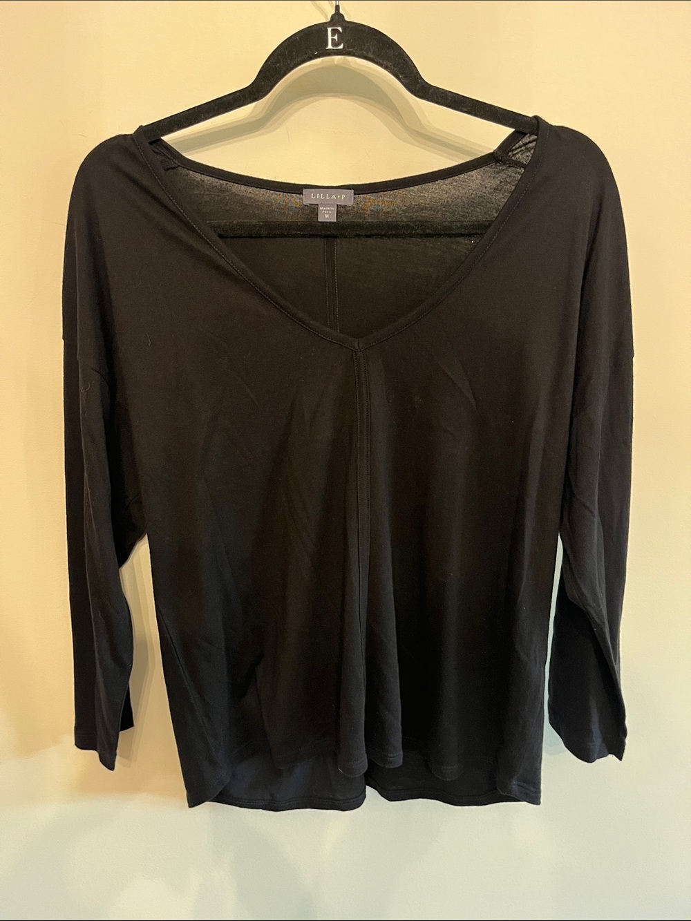 Lilla P Black Relaxed V-Neck Long Sleeve Tee